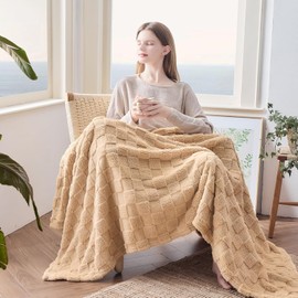 Wajade Fleece Throw Blanket, Fluffy Faux Fur Blanket for Bed Sofa Couch, Soft Cosy Warm Thick Blanket,Checkered Linen 127x178