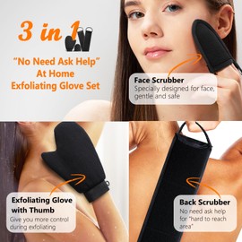 LECOMAY Exfoliating Glove 3 in 1 Set - (3-Layer) Durable Exfoliating Body Scrubber - Korean Exfoliating Mitt for Shower Set - Korean Skin Scrubber Exfoliator & Dead Skin Remover - Spray Tan Remover