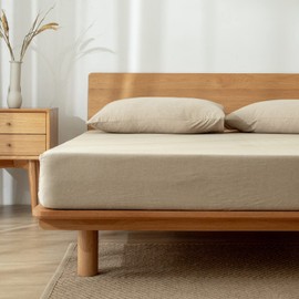 TIPTOE BEAR Fitted Bed Sheets 100% Washed Cotton Ultra Soft Slightly Wrinkle Linen Feel Breathable Deep Pocket, 1 Fitted Sheet Only (Beige, King)