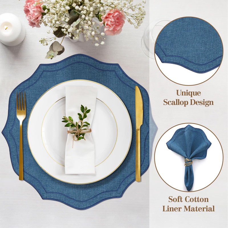 fanquare Navy Blue Round Placemats Set of 4, 15" Embroidered