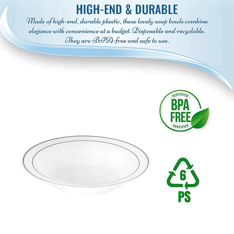 Kaya Elegant White & Silver Rim Disposable Plastic Soup Bowls