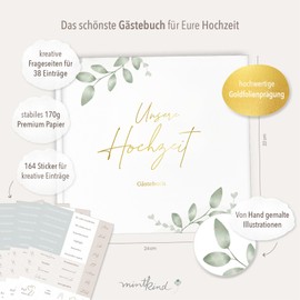 mintkind® Greenery Wedding Guest Book to Fill In Including 4 Sticker Sheets, 84 Pages with Questions for Guests, Wedding Gifts for Bride and Groom as Wedding Decoration, Golden Wedding Silver Wedding