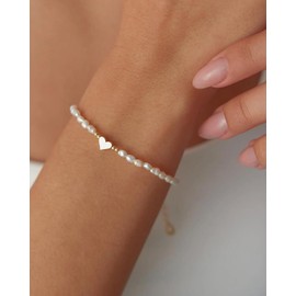 BPTRKOM 1 x women's bracelet, golden pearl bracelets with heart pendant, 14 carat gold-plated Cuban link, suitable for women, girls, birthday, Christmas gifts