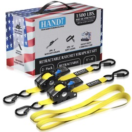 HandT USA Based Retractable Ratchet Straps (2PK) 1in x 6ft - 1,500lb Break Strength, Heavy Duty Automatic Ratchet Straps Self Retractable Tie Down, Push Button Retracting Truck Trailer Cargo | Yellow