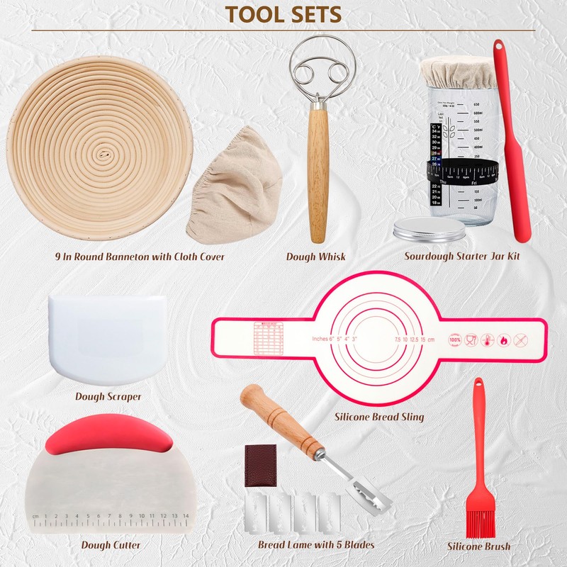 Complete Sourdough Starter Kit, Banneton Bread Proofing Basket with Glass