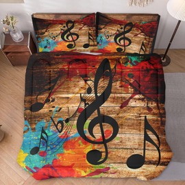 WeCozy Comforter Set Queen Size with 2 Pillowcases, Musical Music Disco 3 Pcs Bedding for Kids and Adults, Black Retro Woodboard Soft Comforter Set for Bedroom Bed Decor