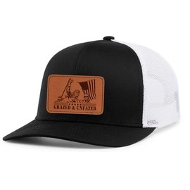 Trenz Shirt Company Mens Trump Grazed & Unfazed Leather Patch Mesh Back Trucker Hat-Black/White