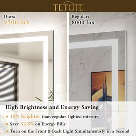 TETOTE LED Bathroom Mirror 24 x 32 Brighter Front and Backlit LED Bathroom Vanity Mirror with Lights, Frameless Lighted Anti Fog Wall Mounted Mirror, 3-Color Dimmable, Tempered Glass, Waterproof