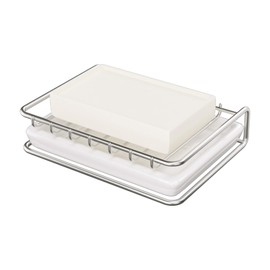 Modern Soap Holder with Ceramic Tray, Stainless Steel Drain Rack for Bathroom & Kitchen, Rustproof Sponge & Soap Drying Stand, Perfect for Bathroom Decor, Kitchen Sink Organizer - 5.5” x 3.9” x 1.4”