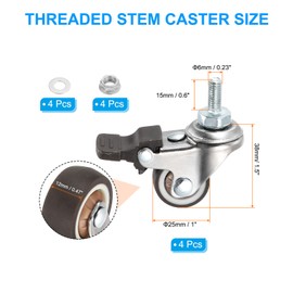 PATIKIL 1 Inch Mini Swivel Caster Wheels with Brake, 4Pcs M6x15mm TPE Rubber Threaded Stem Casters Load Capacity 99 Lbs with Tool Set for Furniture Trolley Cart, Brown