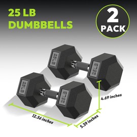 HANDBODE Hex Rubber Dumbbells - Enhanced Grip for Secure & Ergonomic Hold - Ideal for Strength Training and Home Gym Workouts, 25 LB Pair