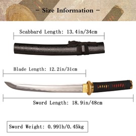 19" Katana Short Samurai Sword Sharp Mini Samurai Sword Full Tang 1045 Medium Carbon Steel Gold Tanto