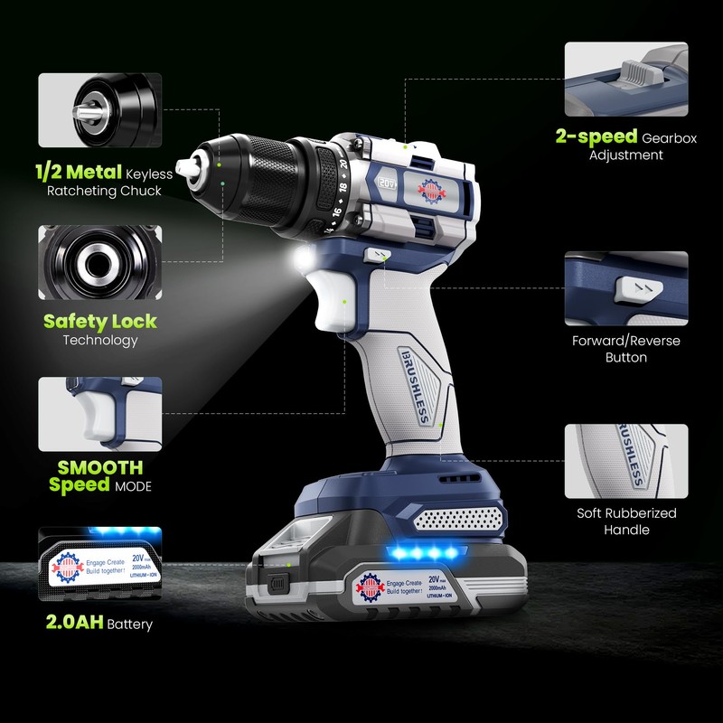 Toolok 20V Max Brushless Cordless Drill Kit, 60 N·m, 1/2-Inch