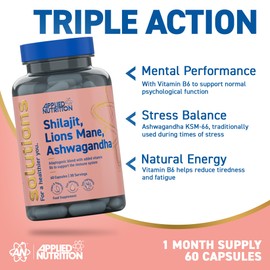 Applied Nutrition - Solutions - Shilajit, Lion’s Mane & Ashwagandha - High Strength Nootropic & Adaptogen Blend - Mental Clarity, Stress & Energy Support - 60 Capsules - 30 Servings