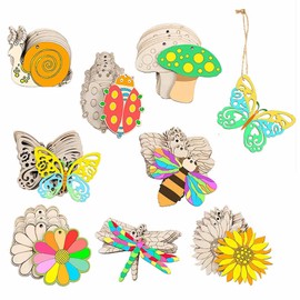 HERZONE 48pcs Wooden Flowers for Painting Spring Decoration Pendant Butterflies Flowers Wooden Pendant for Painting Spring Pendant Wooden Hanging Window Decoration Window Hanger (Mix)