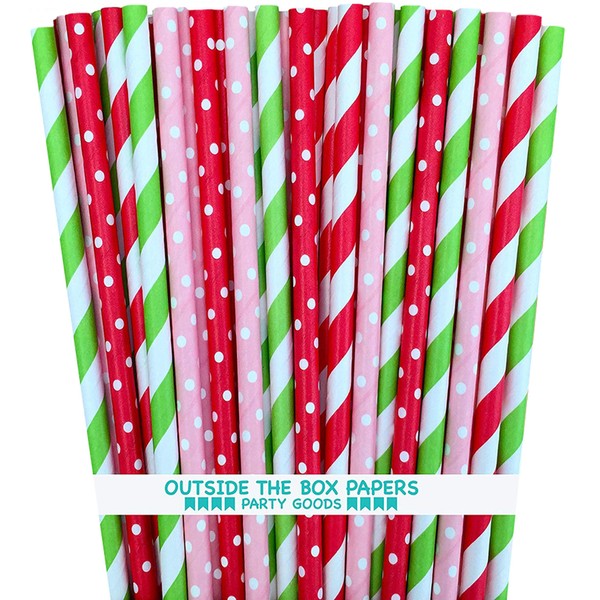 Outside the Box Papers Strawberry Shortcake Theme Polka Dot and Striped Paper Straws 7.75 Inches 100 Pack Red, Pink, Lime Green, White
