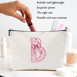 Pink Bow B, Alphabet Makeup Bag for Women, Washable Travel Organizer Toiletry Cosmetic Bag, Coquette Bow Letter Pattern Large Capacity Makeup Pouch with Zipper, Christmas Gifts for Women