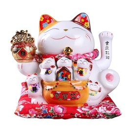 TONGMAN 7Inch Fortune Cat Japanese Beckoning cat Ceramic Waving Arm Cat for Shops, Restaurants, Living Room and Home Decoration