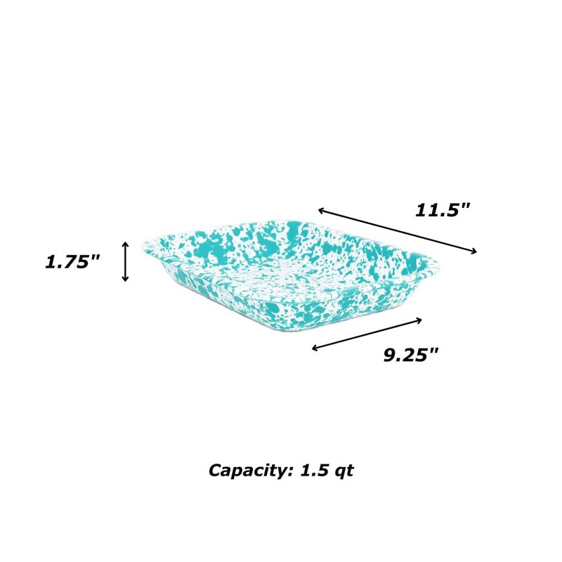 Enamelware Small Open Roaster, 11.5 x 9.25 inches, Turquoise/White Splatter