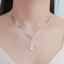 kkjoy Rhombic Tree of Life Necklace Stainless Steel Family Tree of Life Pendant Snake Chain Necklace Nature Inspired Spiritual Jewelry for Women Men