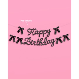 xo, Fetti Happy Birthday Banner, Black Glitter + Satin Bows - 5.5 Ft. | Birthday Decorations, Coquette Bday Decor, 30th Party Sign, 21st Photo Booth Backdrop