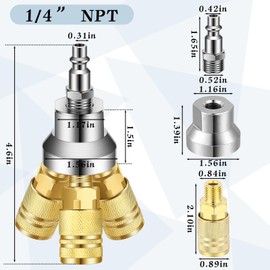 Gisafai 2 Pcs 3 Way Air Manifold Air Hose Splitter with 3 Steel Industrial Couplers and 1/4" Male Npt Plug Compressor Hose Accessories Fittings(Brass Color)