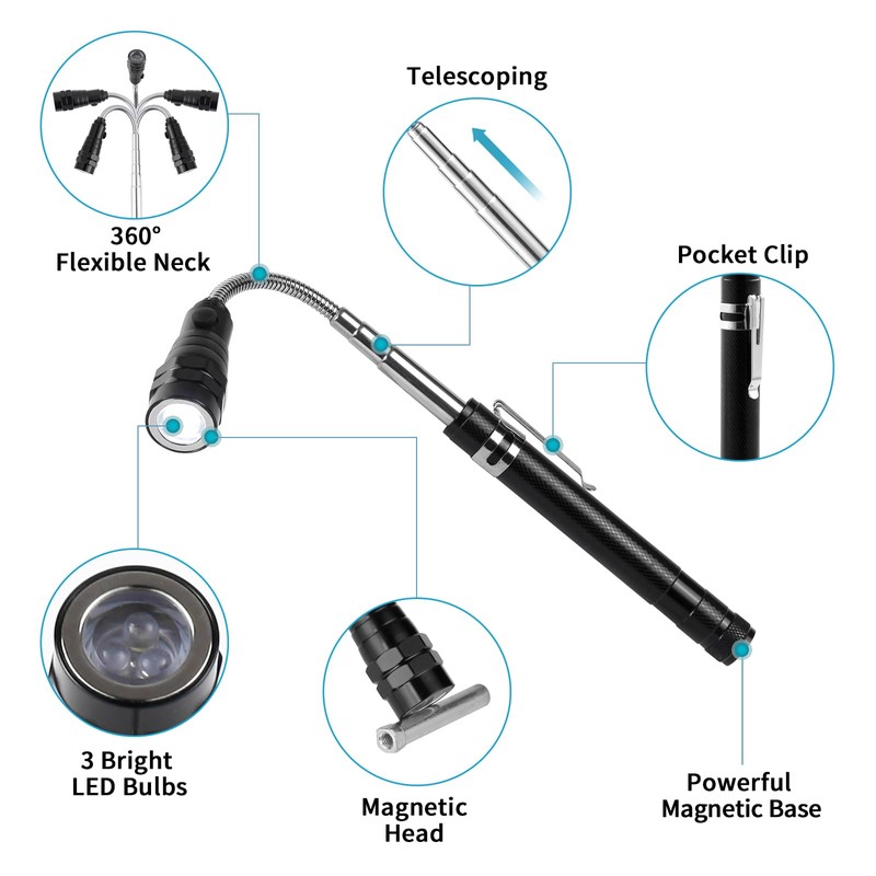 Rechabite 3 Pack Telescoping Inspection Mirrors LED Light & Magnet
