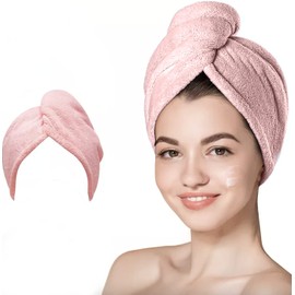 unel Microfiber Hair Towel, Fast Drying Soft and Anti Frizz Head Towel, Super Absorbent Turban Cap 65cm x 25cm (Pink, 2)