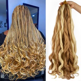 Curly Braiding Hair 24 Inch Pre Stretched Bouncy Braiding Hair Loose Wave Braiding Hair 8 Packs French Braiding Hair With Curly Ends French Curl Braids Crochet Hair Extensions (27/613#, 24 inch)