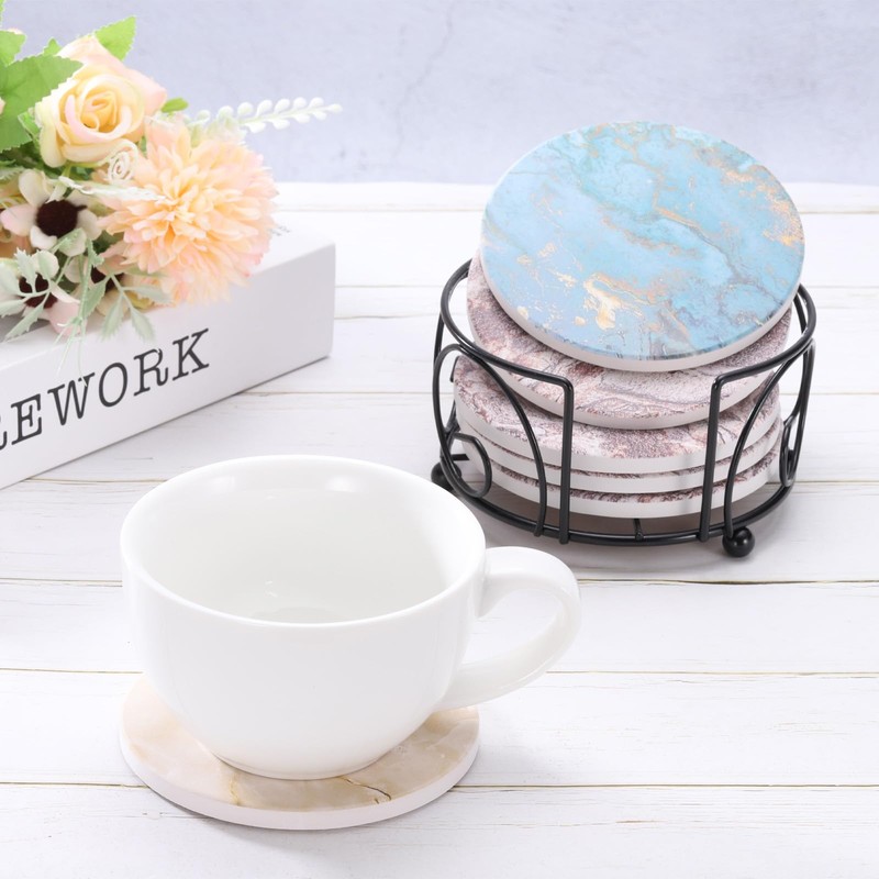 sourcing map 2Pcs Absorbent Coasters Pink Marble Gilding Pattern Round