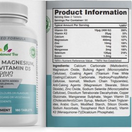 Calcium Magnesium Zinc and Vitamin D Supplement - 180 Vegan Tablets - High Strength Calcium Complex with Vitamin K2 MK-7 Copper Manganese Selenium & Boron- UK Made by Supplement Tree