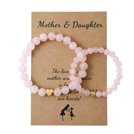 Mother Daughter Bracelets Matching Heart Natural Stone Bracelet for Mom Me(Pink)