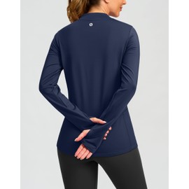 SANTINY Long Sleeve Thermal Shirts for Women Fleece Mock Neck Tops Winter Workout Running Gear with Zipper Pockets(Navy_XL)