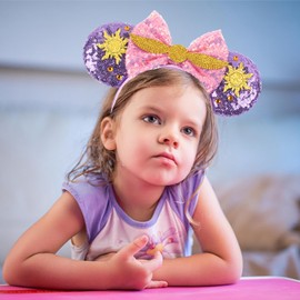 zhezesmila - Diadema de orejas de mouse moradas con lazo de lentejuelas para mujer, disfraz de princesa, fiesta de cumpleaños