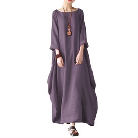 Jacansi Women Boho Beach Party Plain Cotton Linen 3/4 Sleeve Kaftan Dress (04-Purple,M)