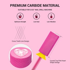MelodySusie Large Barrel 3/32'' Tungsten Carbide Nail Drill Bit, Crystal Top Pink Heart Shape, Fast Remove Acrylic Gel, Cuticle Gel Polishing for Manicure Pedicure, Pink Blossom, Series Bit-S, XF