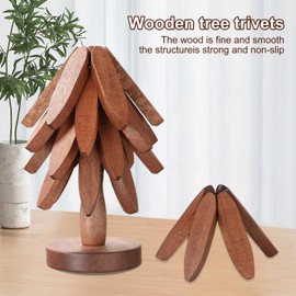 Wooden Trivets for Hot Dishes, Tree Shape Trivets Set, 3 Wooden Trivets + 1 Stand Stored Like a Christmas Tree, Sapele Wood Trivets for Hot Pots, Pans, Bowl, teapot
