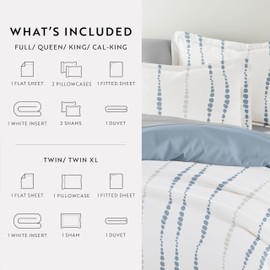 Merit Linens Bedding Bundle, Patterned Duvet Cover Set, White Comforter and Solid Sheet Set - Queen Navy