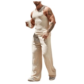 GORGLITTER Men's 2 Piece Rib Knit Outfits Casual Sleeveless Tank Top Elastic Waist Pants Set Apricot Large