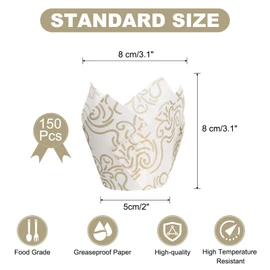sourcing map 150 Pcs Tulip Baking Cups Cupcake Muffins Liners Paper Greaseproof Wrappers for Wedding Birthday Party Festivals Christmas, (Gold Clouds, White)