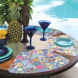 CounterArt Meadow Floral 4 Pack Wedge Shaped Reversible Easy Care Flexible Plastic Placemat Made in The USA 17.75" x 11.25" Colorful, Reversible, Easily Wipes Clean