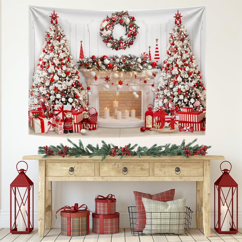 Mocsicka Christmas Fireplace Backdrop White Red Christmas Tree Photography Background