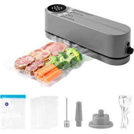 Mini Vacuum Sealer, 3 in 1 Cordless Handheld Vacuum Sealer for Dry/Moist Food Storage with 4 Snack Bags, Heat Sealer for Chip Bags, Inflation Pump for Balls/Swim Ring with 1 Needle/1 Nozzle (Grey)
