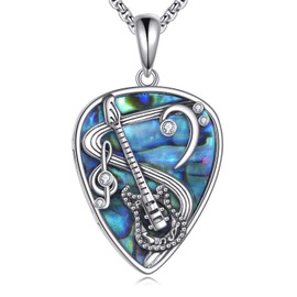 ONEFINITY Guitar Pick Necklace 925 Sterling Silver Abalone Shell Music Note Pendant Necklace Guitar Pick Jewellery Present for Women Men