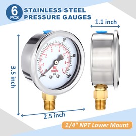 Flutesan 6 Pcs 0-100psi Low Pressure Gauge 2.5" Face Dial Size 1/4 NPT Lower Mount Waterproof Pressure Gauge with Stainless Steel Case for Pool Water Pump Tire Water Oil Air