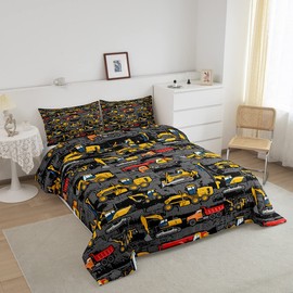 Kids Tractor Bedding Sets For Boys Toddler Twin,Under Construction Trucks Bedding Comforter Set,Equipment Excavator Bedding Cartoon Vehicle Cars Bed Set For Child Room Decor Yellow Dark Grey 2 Pcs