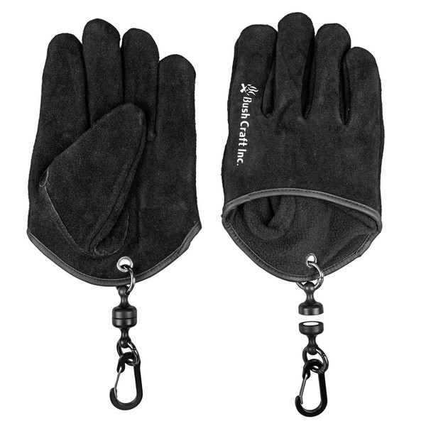 Bushcraft Leather Gloves, Quick Bonfire Gloves, Black, Size: Total Length: 8.1 inches (208 mm), Carabiner & Magnet Length: Approx. 4.7 inches (120 mm), Palm Circumference: Approx. 10.4 inches (265 cm), Middle Finger Length: Approx. 3.7 inches (95 cm), We