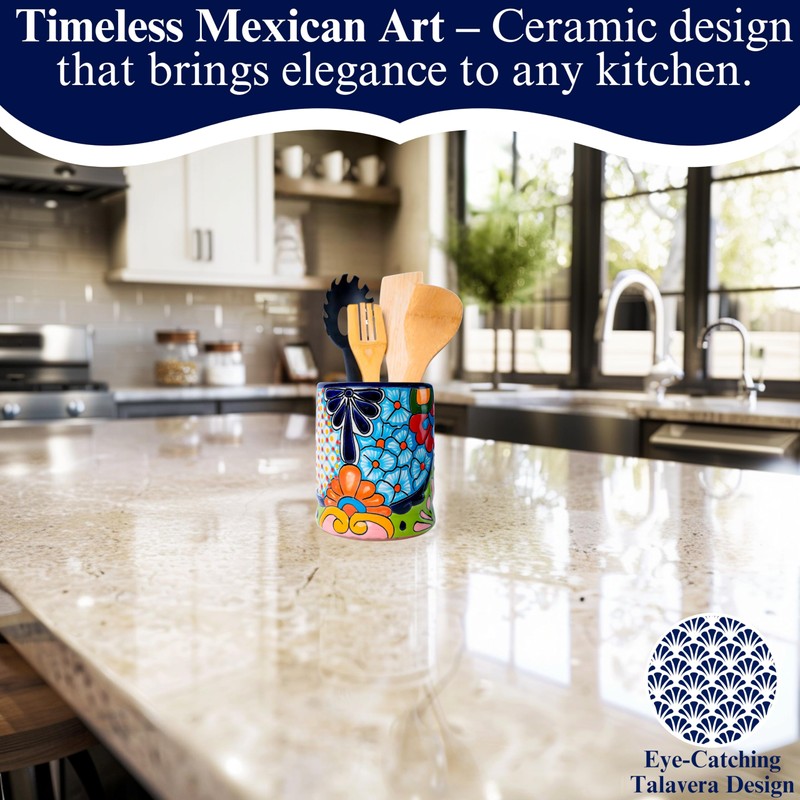 Talavera Utensil Holder - Hand Painted Ceramic Spoon Crock -