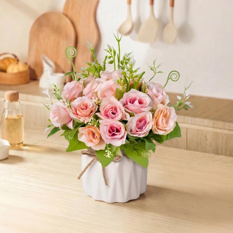 Mandarooker Fake Flowers with Vase,Pink Roses Artificial Flowers in Vase