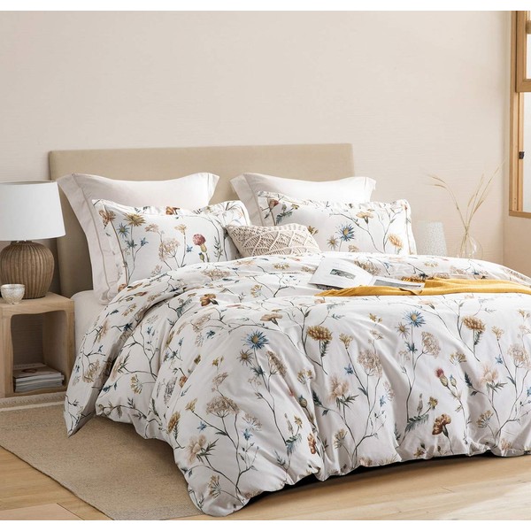 SLEEPBELLA Duvet Cover Full Size, 600 Thread Count Cotton Yellow & Blue Flowers Printed on Off-White Luxury Floral Comforter Cover Sets, Bedding Set 3Pcs (Full, White Floral)